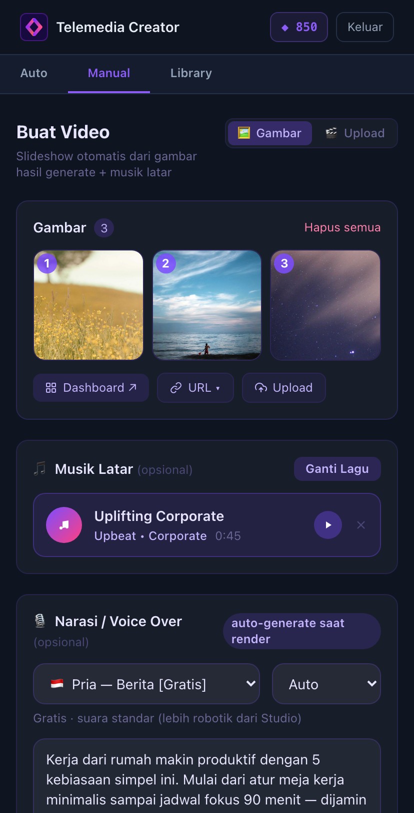 Screenshot pembuatan video AI